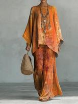 1116 Naujas retro bohemiškas anakardžio gėlių komplektas, apvalios apykaklės praplatintų rankovių viršus + plačios kelnės dviejų dalių komplektas M brown