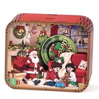 Retro 3D Scene Christmas Music Box Rotating Santa Claus Wooden Music Box Wind-up Tabletop Musical Ornament Gift Holiday Season beige