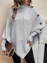 Cloak-Style Batwing Sleeve High Neck Cable Knit Women's Sweater for Autumn/Winter One Size pilka