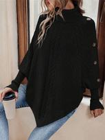 Cloak-Style Batwing Sleeve High Neck Cable Knit Women's Sweater for Autumn/Winter One Size juoda