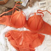 Moteriški nėriniuoti apatiniai Sexy Hollow Push Up liemenėlių rinkinys Klasikinis apatinis trikotažas, madinga fluorescencinė plius dydžio CD liemenėlė 85D oranžinė