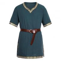 Viduramžių vikingų tunikos marškiniai V formos iškirpte, trumpomis rankovėmis, siuvinėti, su diržu, cosplay, scenai, renesanso renginiams, pasirodymui, Helovino kostiumas XXL tamsiai mėlyna spalva