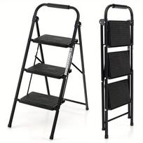 3-Step Folding Ladder Portable Stool Ladders Metal Heavy-Duty Stepladder 150kg Load Household w/Anti-Slip Pedal Handle Black black
