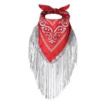 Cowboy Style Cowgirl Bandanas Tassel Trim Neckerchief Party Headwear Sequin Bandanas raudona