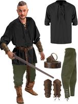4 vnt. Helovino vyriškas renesansinis kostiumas Viduramžių pirato marškiniai kelnės su raišteliais ties kulkšnimis vikingų diržo aksesuarai XXXL black