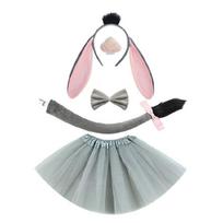 Donkey Ear Headband Tail Bowtie Skirt Nose with Teeth Halloween Donkey Animal Outfit Accessory for Kids Boy Girl Cosplay gray