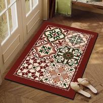 Red Vintage Floral Tile Pattern Floor Mat Coil Doormat Ethnic Pattern Non Slip Front Entry Floor Mat 43X75CM brown