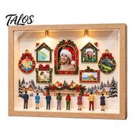Lighted Christmas Shadow Box DIY Frame Set, Mini Museum with 8pcs Figurines, Diy Photo Frames, Memories Keepsake for Festive Display, Home Decor Craft beige
