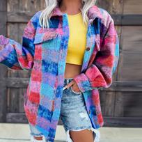 Women's Fashion Single Breasted Elegant Lapel Long Sleeve Flip Cover Shirt Jacket  Color Block Print Jacket Woolen Jacket M blue