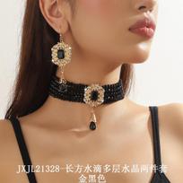 European and American Luxury Multi-layer Crystal Water Drop Pendant Bundle Neck Chain Jewelry Earrings Exaggerated Color Crystal Necklace Women black