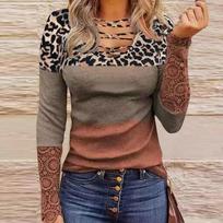 Women's Fashion Patchwork Printed Lace Long Sleeves Casual Button Sweatshirts Sweatshirts Tops Lace Long Sleeves V-Neck Printed Women's T-Shirts XL black