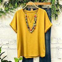 Women's Color V-Neck Short Sleeve Top, Cotton Linen Fabric, Casual Blouse for Summer, Soft and Breathable XL geltona