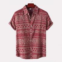 Tribal geometric print short-sleeve shirt, stylish casual essential. L gray