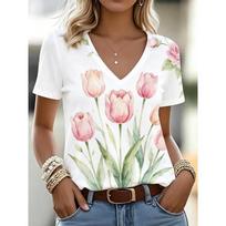 V-neck T-shirt with a watercolor tulip print for women, casual short-sleeved tops, fresh floral daily wear. XL beige