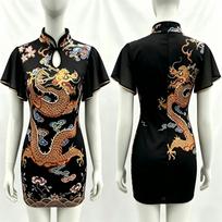 Stand-up collar water drop hollow flying sleeves slim-fitting hip-wrapped short skirt new Chinese dragon print dress L juoda