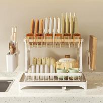 2 Layers Space Saving Dish Drying Rack Countertop Household Dish Storage Holder with 360° Rotating Drainboard balta