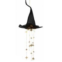 Front Door Seasonal Decorations Lighted Witch Hat Hanging Chime, Halloween LED Ornament with Lightweight Festival Home Star Tassels, Magical Light for black