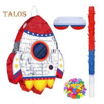 Pull String Rocket Ship Pinata Rocket Pinatas with Blindfold Bat Stick Confetti for Kids Space Themed Birthday Party Supplies Sets red