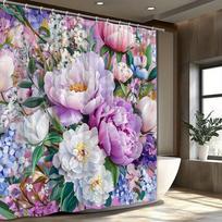 Lush Peony Bouquet Shower Curtain - Vibrant Lavender & Pink Peonies with White & Blue Flowers, Abstract Pink & Purple Background 90X180CM gray