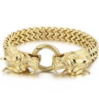 Steampunk Skull Lion Dragon Head Bracelet for Man Waterproof 18K Gold Color Stainless Steel Men's Hand Bracelets Gothic Jewelry 22.5cm beige