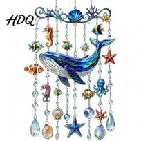 Sea Animal Wind Chime Ocean-Themed Decoration Hanging Sun Catcher with Faux Crystal Drops Ocean C gray