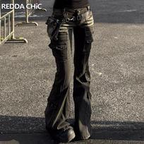 Low Waist Cargo Jeans 2000s Distressed Whiskers Multi-pocket Stretch Bootcut Pants Women Retro Grunge Streetwear 2XL juoda