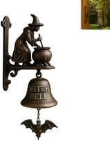 Witch Doorbell: 5 Inch Cast Iron with Embossed Witch on Broom - Functional Decorative Halloween Bell for Front Porch Garden Entryway - 2 Pack Gothic