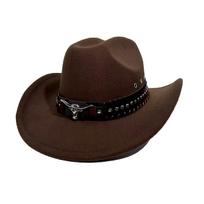 New Western Cowboy Hat Versatile Retro Cow Head Felt Hat Tibetan Grassland Riding Big Brim Top Hat M（56-58cm） tamsiai ruda spalva