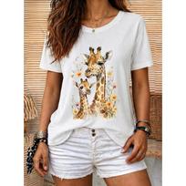 Madingas moteriškas retro stiliaus kūrybiško žirafos rašto spaudinio marškinėlis funny casual apvalia iškirpte trumpomis rankovėmis marškinėlis vasarinis moteriškas marškinėlis 6XL balta