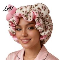 Pressed Hair Bonnet Leopard Print Sleeping Hat Bowknot 3D Cat Ear Decor Adjustable No Braids Protection Frizz Fit Double Layer Satin Lined Cap Sleep šviesiai rausvos spalvos