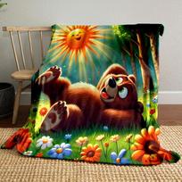 Happy Bear in Sunny Flower Meadow  Patterned blanket, flannel, suitable for all seasons, home decor, warm and cozy 80x120cm(31*47in) gray