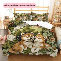 Shiba Inu and Leaves Pattern Bedding Home Decoration Birthday Gift (1 * duvet cover + 2 * pillowcase, without core) 135x200cm beige