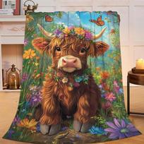 Mielas Škotijos kalnų galvijas Fleece pledas Minkštas jaukus ūkio gyvūnas Flanelinis metamas pledas sodybos miegamajam sofai foteliui lauko kelionėms 75x90cm gray