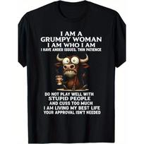 1pc Funny Grumpy Old Woman T-Shirt with Cow Graphic & Anger Issues Slogan - Soft Crew Neck Short Sleeve Tee Suitable for Women's Humor, Sarcastic 5XL įvairiaspalvis