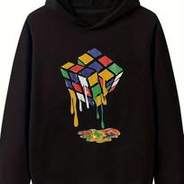Creative Rubik's Cube Pattern Printed Kangaroo Pocket Shoulder Drawstring Hoodie Velvet for Autumn and Winter and Unisex XXXXL black