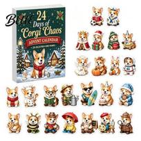 Fun Miniature Characters 2026 Corgi Christmas Advent Calendar 24 Days Acrylic Dog Ornaments Countdown 2D Holiday Box Pendants for Xmas Tree, beige