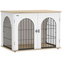 PawHut Šunų narvas-baldas Namų interjero šunų narvas Arkos formos su dvigubomis durimis kaip Metalinis šoninis staliukas 80x56x59cm Baltas