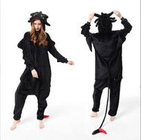 Žieminė flanelinė pižama suaugusiems Helovino vakarėliui dinozauras drakonas onesie gyvūno kostiumas bodis S juoda