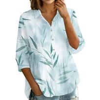 Women's Button Front Lapel Floral Print 3/4 Sleeve Loose Fit Blouse XXL žalsvai mėlyna