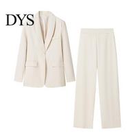 Versatile Outfit 2Pcs/Set Women Office Lapel Long Sleeve Single Button Comfortable Coat Pants Set Suit High Waist Business Workwear Ladies M white