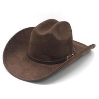 Suede Brown Belt Western Cowboy Hat Fashion One-word Hat Outdoor Performance Jazz Top Hat M（56-57cm） ruda
