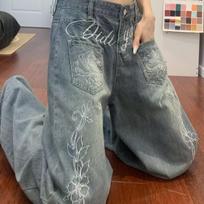 Women Goblin Core Baggy Print Jean Japanese Abi Y2K Streetwear Harajuku Flare Denim Pants Grunge High Street 2000s Bell-Bottom M mėlyna