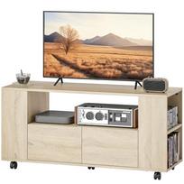 Rolling TV Stand 102 Cm TV Cabinet For TVs Up To 42 Inches 2 Drawers Open Compartments Natural