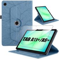 Case + Tempered Glass for Samsung Galaxy Tab A11 Plus / A9 Plus, Shockproof PU Leather Blue Tree Pattern mėlyna