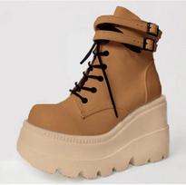 Fashion Botas Women Motorcycle Winter Buckle Ankel Boots Women Punk Female Platform Boots Wedges High Heels PU Women Boots Botas Mujer 43 ruda
