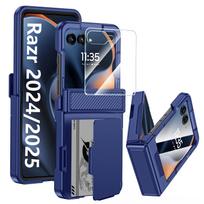 Skirta Motorola Razr 50/60 su kortelių laikikliu [RFID blokavimas] ir vyrių apsauga bei HD ekrano apsauga, tvirtas įbrėžimams atsparus telefono dėklas-Juodas mėlyna
