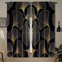 Set Of 2 Ginkgo Biloba Leaf Pattern Curtains Flat Polyester Art Deco Style Design Be Curtain Blackout With Rod Pocket Machine Washable W100*H70(CM)-Rod Pocket&1PCS black