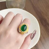 Luxury 24K 9999 Pure Gold real gold Western Retro Ring Women's Emerald Ring Opening Adjustable resizable white