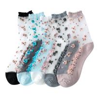 5 Pairs Korean Japanese Style Transparent SocksFloral Edge Socks Sheer Design Elastic Breathable Socks For Women 1 white