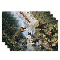 4 vnt. Dinozaurų Juros periodo parko scenos padėkliukas vaikams Dinozaurų tema Lininis staltiesės padėkliukas valgomojo virtuvės dekoravimui 4Pcs gray